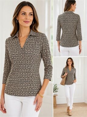 J. McLaughlin Geometric Print Stretch Blouse Top Medium Black Ivory 3/4 Sleeve